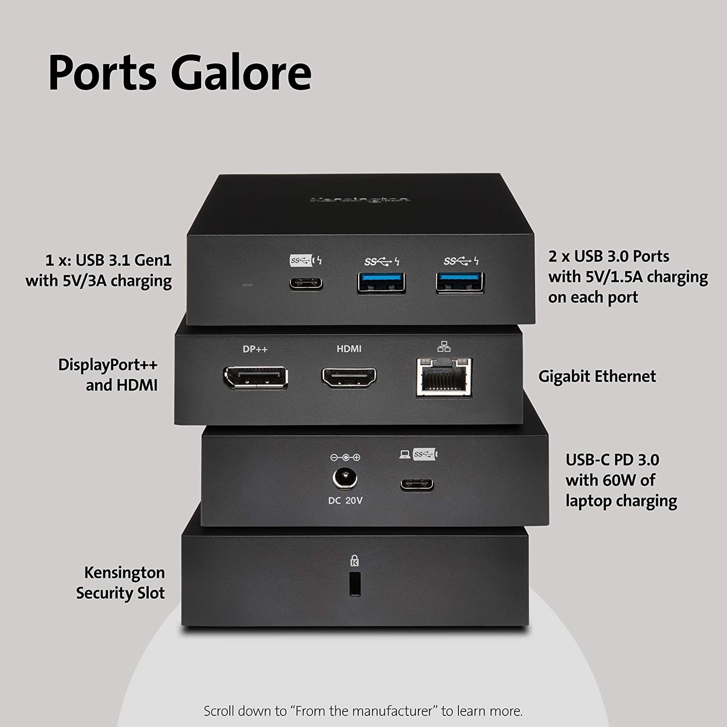 Kensington SD2000P USB-C Docking Station for Ipad Pro, Windows Laptops, Surface, MacBooks and Chromebooks - Single 4K video, 135W (K38260NA)