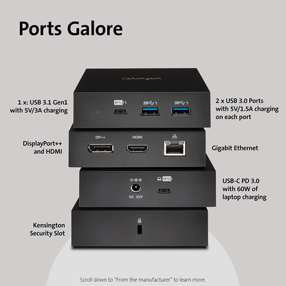 Kensington SD2000P USB-C Docking Station for Ipad Pro, Windows Laptops, Surface, MacBooks and Chromebooks - Single 4K video, 135W (K38260NA)