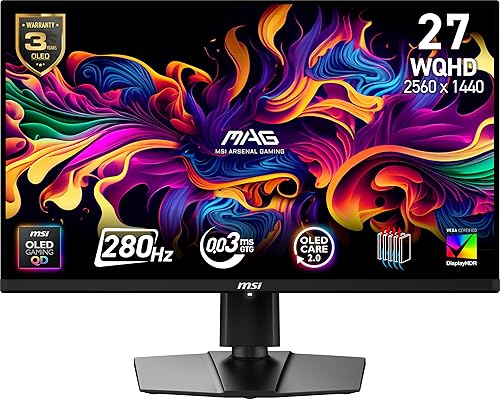 MSI MAG 271QP QD-OLED X28 27-inch 2560 x 1440 (QHD) Gaming Monitor, 280Hz, Adaptive-Synch, HDR Ready, HDMI, VGA Port,VESA Mountable, Tilt, 4-Side Slim Bezel, 0.03ms, Black