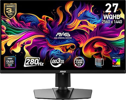 MSI MAG 271QP QD-OLED X28 27-inch 2560 x 1440 (QHD) Gaming Monitor, 280Hz, Adaptive-Synch, HDR Ready, HDMI, VGA Port,VESA Mountable, Tilt, 4-Side Slim Bezel, 0.03ms, Black