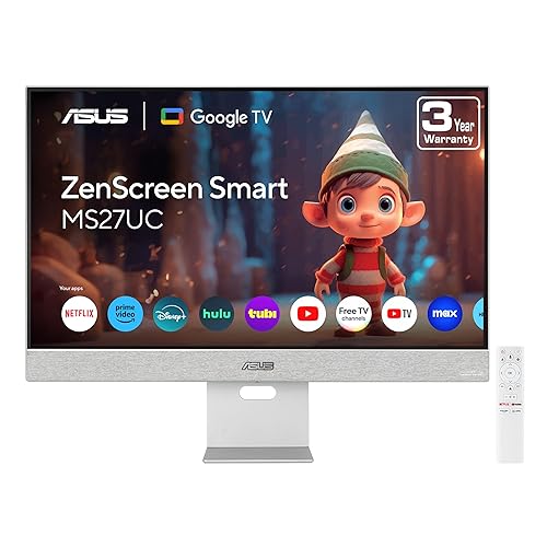 ASUS ZenScreen 27” 4K USB-C Smart Monitor (MS27UC) - UHD (3840 x 2160) IPS, 99% sRGB, Google TV, Harman Kardon Speakers, USB-C 90W PD, USB Hub, Wireless Display, Netflix and YouTube