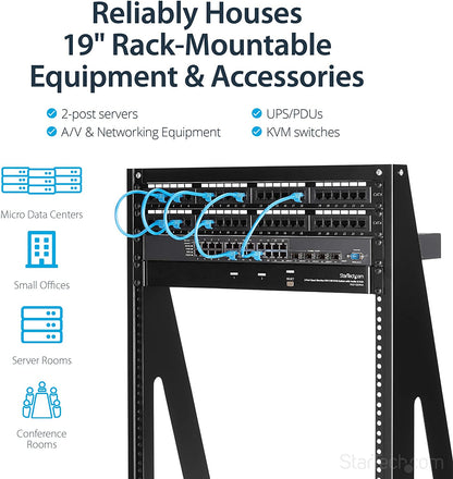 StarTech.com 16U Open Frame Network Rack - 19" 2 Post Free Standing Desktop Rack for Computer, AV, Media, IT Equipment for Server Room (2POSTRACK16) Black 16U 16u Rack