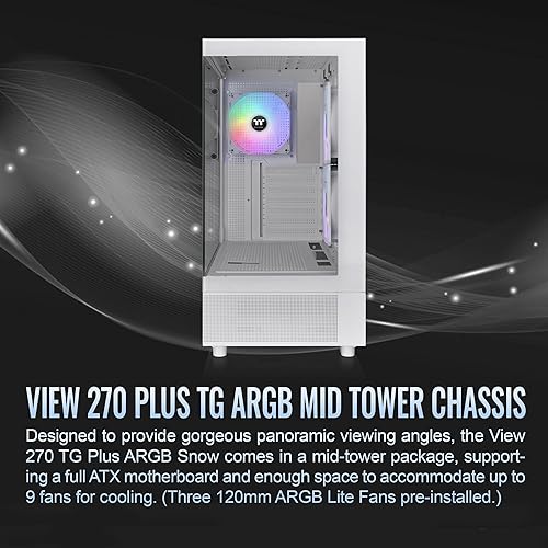 Thermaltake View 270 Plus TG ARGB Snow Mid Tower E-ATX Case; 3x120mm ARGB Fans Included; Support Up to 360mm Radiator; Front & Side Dual Tempered Glass Panel; CA-1Y7-00M6WN-01; 3 Year Warranty