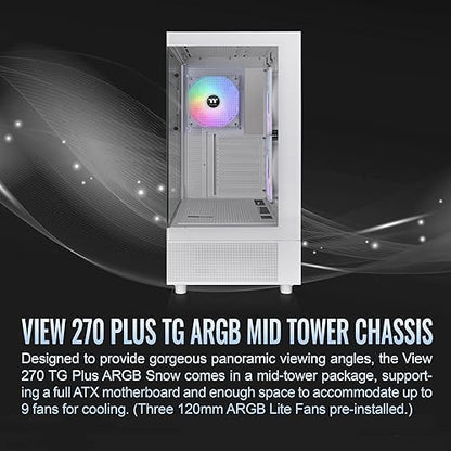 Thermaltake View 270 Plus TG ARGB Snow Mid Tower E-ATX Case; 3x120mm ARGB Fans Included; Support Up to 360mm Radiator; Front & Side Dual Tempered Glass Panel; CA-1Y7-00M6WN-01; 3 Year Warranty