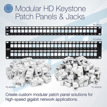TRENDnet 48-Port Blank Keystone 2U HD Patch Panel, TC-KP48, 2U 19” Metal Rackmount Housing, HD Keystone Network Patch Panel, Recommended w/TC-K25C6 &amp; TC-K50C6 Cat6 Keystone Jacks (Sold Separately)