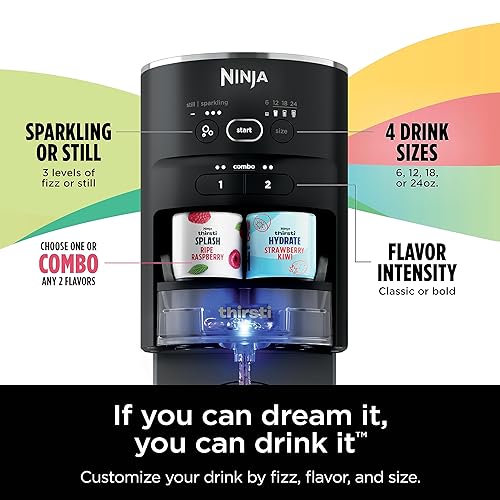 Ninja Thirsti Drink System (Black), Sparkling and Still Water, 6-oz. to 24-oz Sizes, Includes 60L CO2 Cylinder & Flavoured Water Drops. WC1001C (Canadian Version)