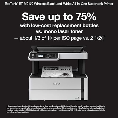 Epson EcoTank ET-M2170 Wireless Monochrome All-in-One Supertank Printer, Plus Ethernet, White White Regular