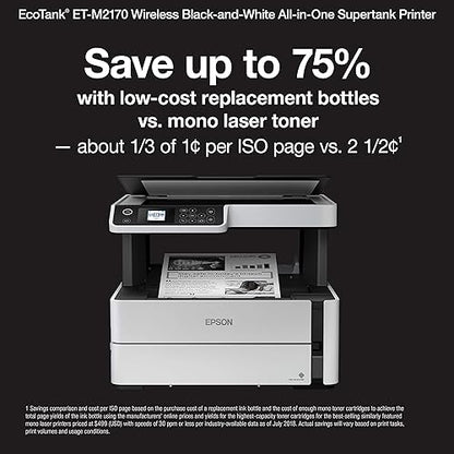 Epson EcoTank ET-M2170 Wireless Monochrome All-in-One Supertank Printer, Plus Ethernet, White White Regular