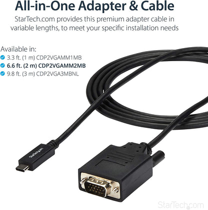 StarTech.com 6ft/2m USB C to VGA Cable - 1920x1200/1080p USB Type C to VGA Video Active Adapter Cable - Thunderbolt 3 Compatible - Laptop to VGA Monitor/Projector - DP Alt Mode HBR2 (CDP2VGAMM2MB) 6.6 feet