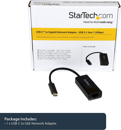 StarTech.com USB 3.1 Type C to Gigabit Ethernet Adapter – 10/100/1000 – Thunderbolt 3 Compatible – Windows and Mac – RJ45 LAN Network Converter (US1GC30B) Black Ethernet