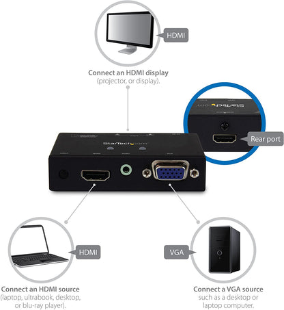 StarTech.com 2x1 VGA + HDMI to HDMI Switch / Selector Box - 1080p Multi Video Input Automatic Switcher - 2 Computers In 1 Monitor Out (VS221VGA2HD)