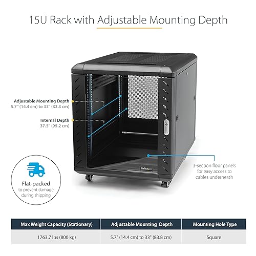 StarTech.com 4-Post 15U Server Rack Cabinet, 19 Data Rack Cabinet for IT / Network Equipment, with Adjustable Mounting Rails 15U Cabinet