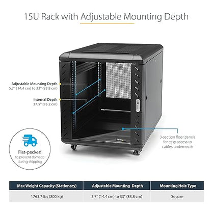 StarTech.com 4-Post 15U Server Rack Cabinet, 19 Data Rack Cabinet for IT / Network Equipment, with Adjustable Mounting Rails 15U Cabinet