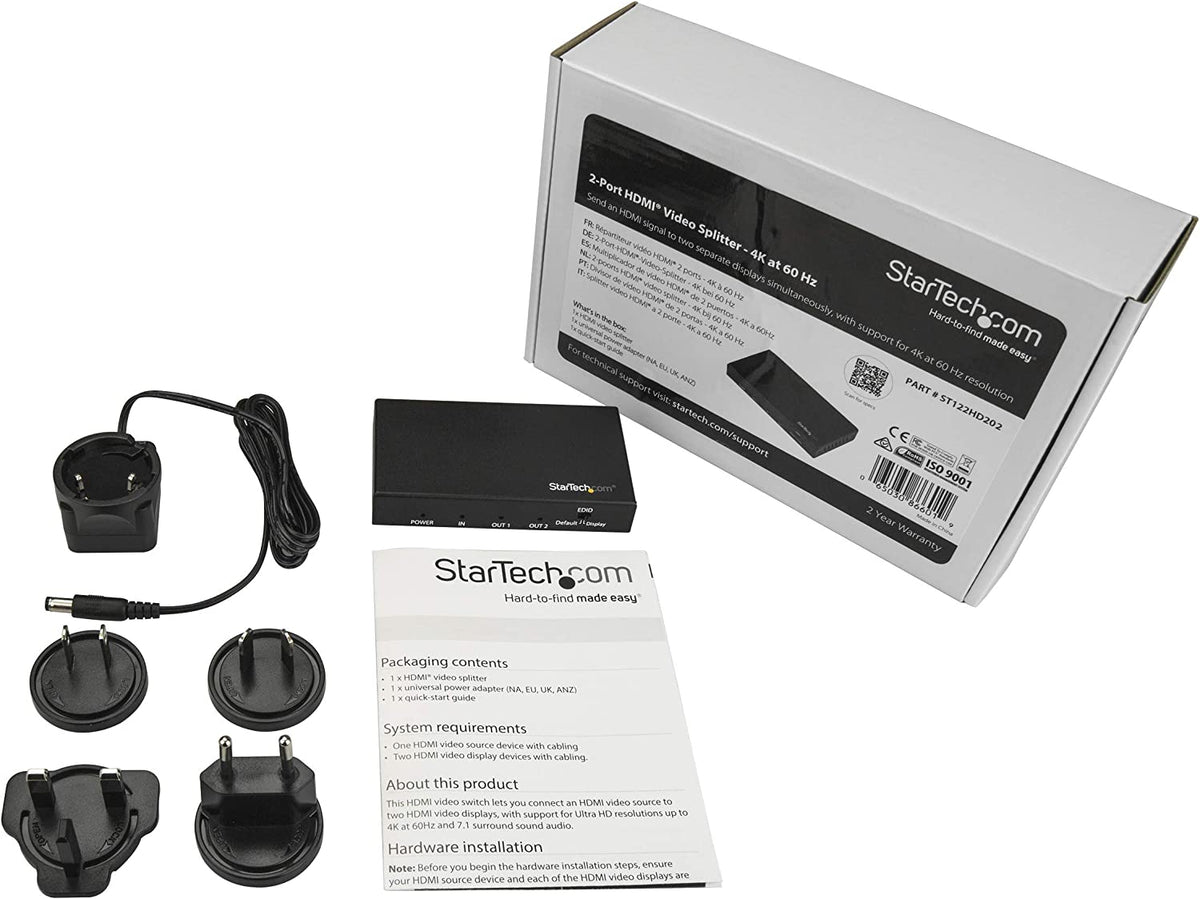 StarTech.com HDMI Splitter - 2-Port - 4K 60Hz - HDMI Splitter 1 In 2 Out - 2 Way HDMI Splitter - HDMI Port Splitter (ST122HD202), Black