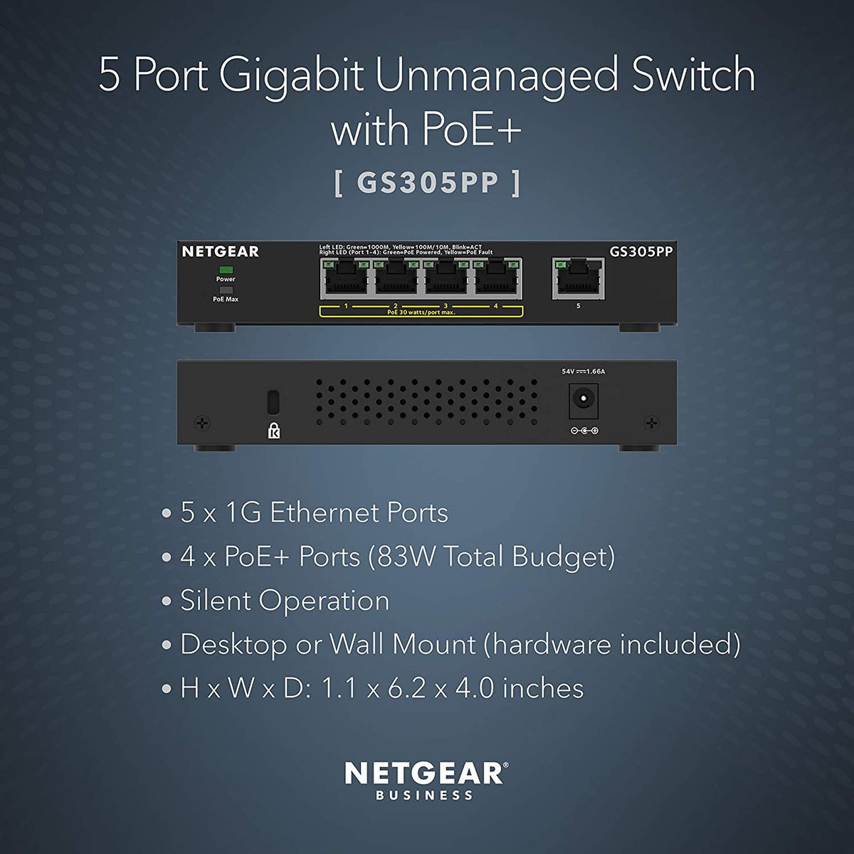 NETGEAR 5-Port Gigabit Ethernet Unmanaged PoE Switch (GS305PP) - with 4 x PoE+ @ 83W, Desktop or Wall Mount