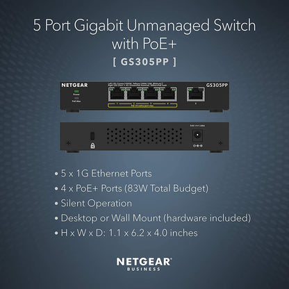 NETGEAR 5-Port Gigabit Ethernet Unmanaged PoE Switch (GS305PP) - with 4 x PoE+ @ 83W, Desktop or Wall Mount