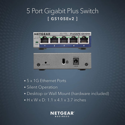 NETGEAR 5-Port Gigabit Ethernet Plus Switch (GS105Ev2) - Managed, Desktop or Wall Mount, and Limited Lifetime Protection Plus 5 port