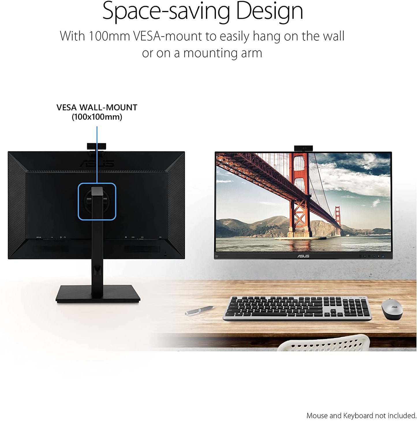 ASUS 27” 1080P Video Conference Monitor (BE279QSK) - Full HD, IPS, Built-in Adjustable 2MP Webcam, Mic Array, Speakers, Eye Care, Wall Mountable, Frameless, HDMI, DisplayPort, VGA, Height Adjustable 27" IPS w/Webcam &amp; DisplayPort