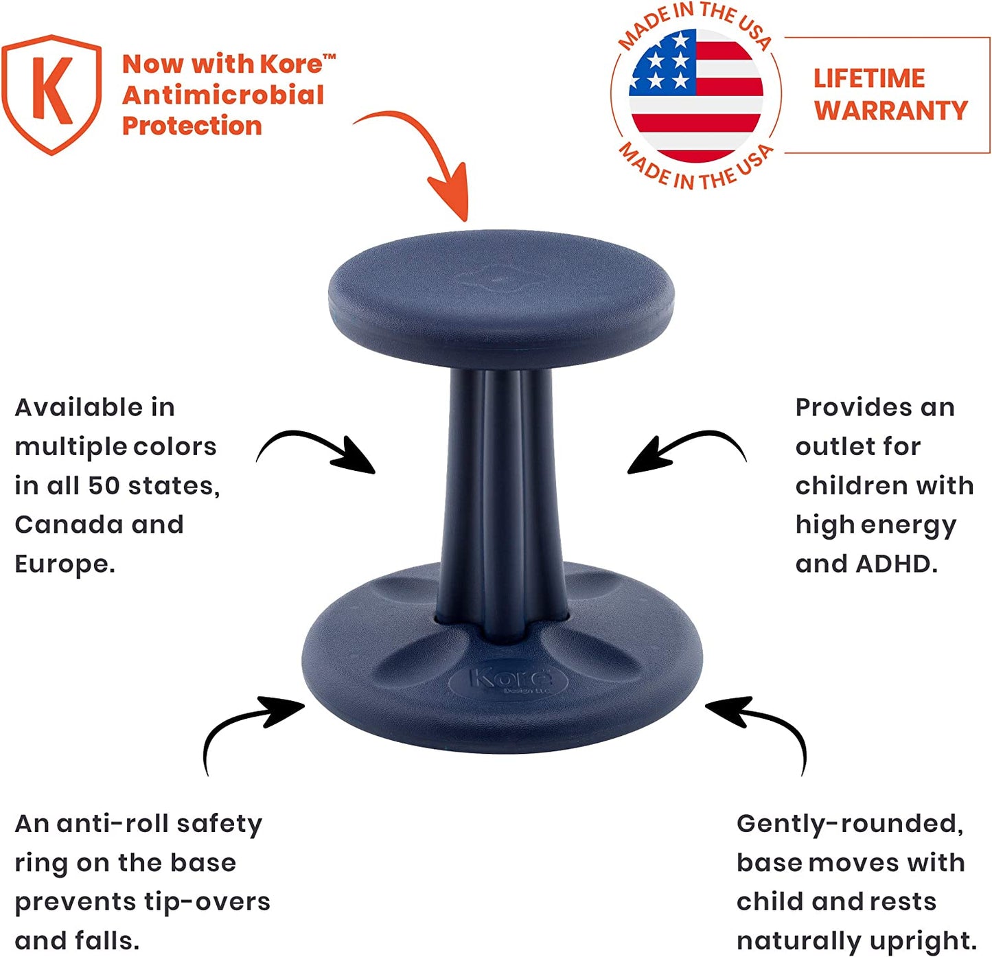 Kore Design KOR117 Kids Wobble Chair Height 14", Dark Blue Dark Blue Kids (14in Tall)