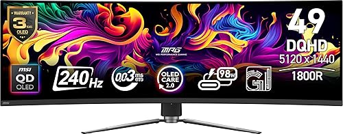 MSI MPG 491CQPX QD-OLED 49-inch QD-OLED 5120 x 1440 (DQHD) Computer Monitor, 240Hz, Adaptive-Synch, HDMI, Display Port, VGA Port, VESA Mountable, Tilt, Height Adjustable, Speaker, 0.03ms, Black