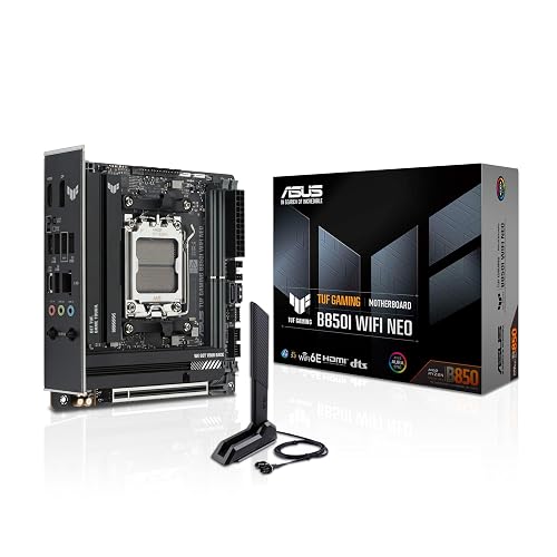 ASUS TUF Gaming B850I WiFi NEO AM5 Mini ITX Motherboard, DDR5, DIMM Fit, WiFi 6E, 2.5Gb LAN, PCIe 5.0, 2X M.2, 2X USB-C, AI Cooling II, Pre-Mounted I/O Shield, SFF PC