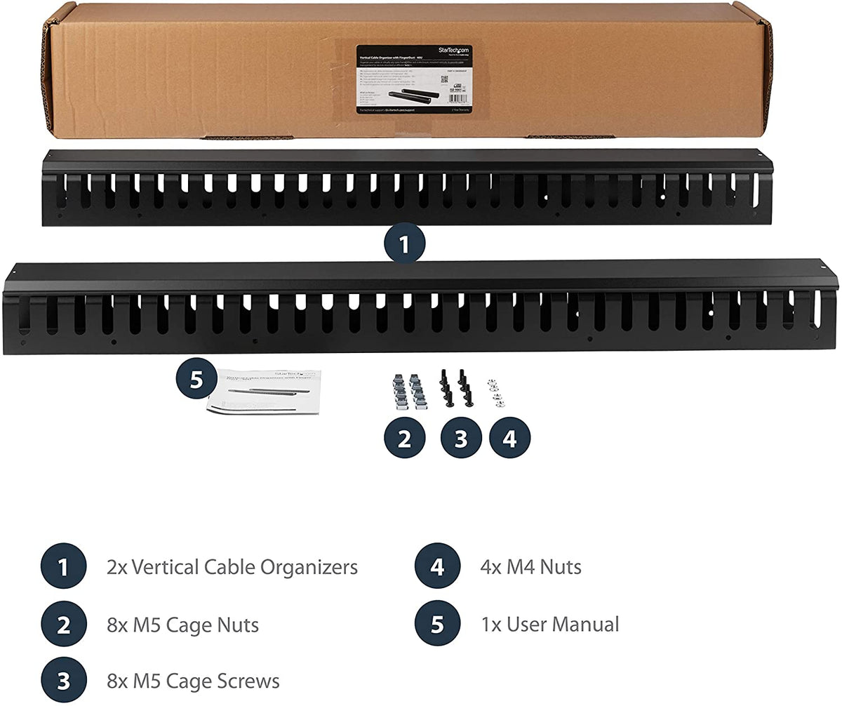 StarTech.com Vertical Cable Organizer with Finger Ducts - Vertical Cable Management Panel - Rack-Mount Cable Raceway - 0U - 6 ft. (CMVER40UF)