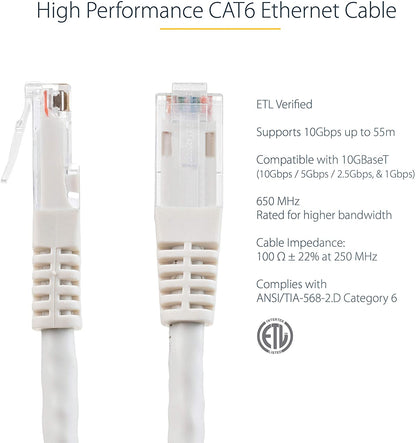 StarTech.com 75ft CAT6 Ethernet Cable - White CAT 6 Gigabit Ethernet Wire -650MHz 100W PoE++ RJ45 UTP Molded Category 6 Network/Patch Cord w/Strain Relief/Fluke Tested UL/TIA Certified (C6PATCH7WH) White 7 ft / 2.1 m 1 Pack