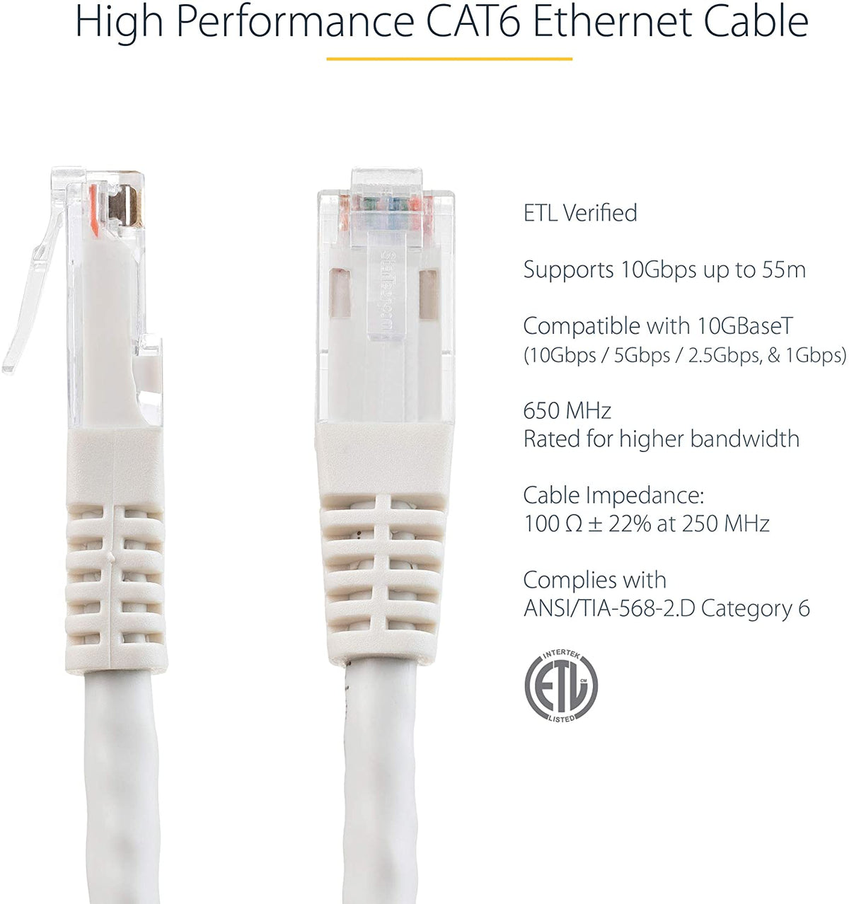 StarTech.com 2ft CAT6 Ethernet Cable - White CAT 6 Gigabit Ethernet Wire -650MHz 100W PoE++ RJ45 UTP Molded Category 6 Network/Patch Cord w/Strain Relief/Fluke Tested UL/TIA Certified (C6PATCH2WH) White 2 ft / 0.6 m 1 Pack