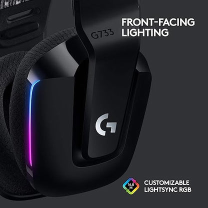 Logitech G733 LIGHTSPEED Wireless Gaming Headset with Suspension Headband, LIGHTSYNC RGB, Blue Voice Mic Techonolgy and PRO-G Audio drivers - Black Black Headset