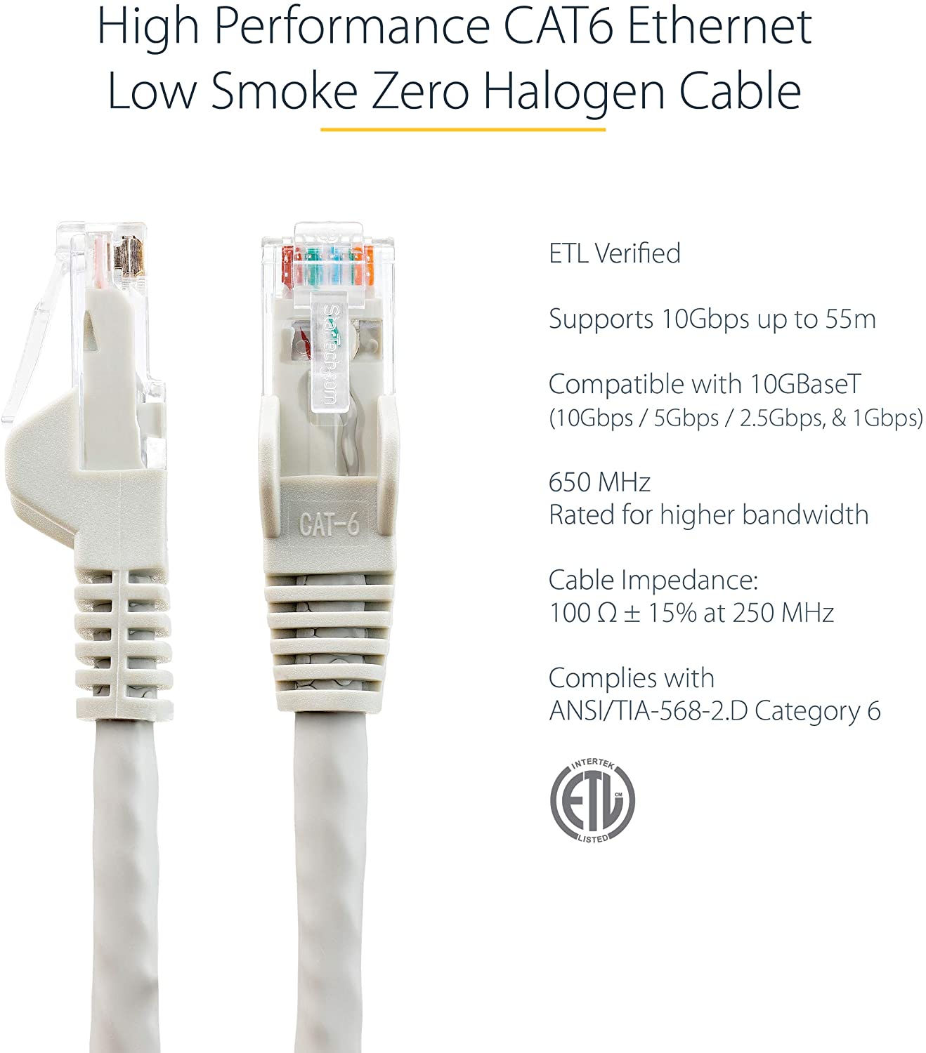 StarTech.com 20ft (6m) CAT6 Ethernet Cable - LSZH (Low Smoke Zero Halogen) - 10 Gigabit 650MHz 100W PoE RJ45 UTP Network Patch Cord Snagless w/Strain Relief - Gray CAT 6, ETL Verified (N6LPATCH20GR) 20 ft Gray