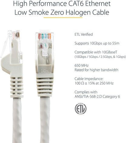 StarTech.com 20ft (6m) CAT6 Ethernet Cable - LSZH (Low Smoke Zero Halogen) - 10 Gigabit 650MHz 100W PoE RJ45 UTP Network Patch Cord Snagless w/Strain Relief - Gray CAT 6, ETL Verified (N6LPATCH20GR) 20 ft Gray