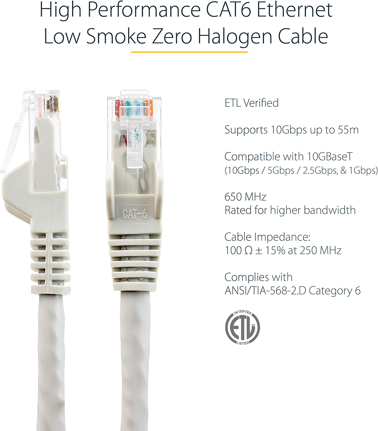 Startech 6ft (1.8m) CAT6 Ethernet Cable - LSZH (Low Smoke Zero Halogen) - 10 Gigabit 650MHz 100W PoE RJ45 UTP Network Patch Cord Snagless w/Strain Relief - Gray CAT 6, ETL Verified (N6LPATCH6GR) 6 ft Gray