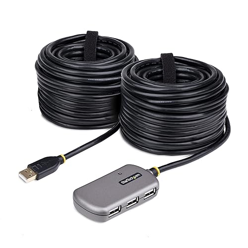 StarTech.com USB Extender Hub, 24m USB 2.0 Extension Cable with 4-Port USB-A Hub, Active/Bus Powered USB Repeater Cable, Optional 10W Power Supply Incl., Level 4 ESD Protection, TAA