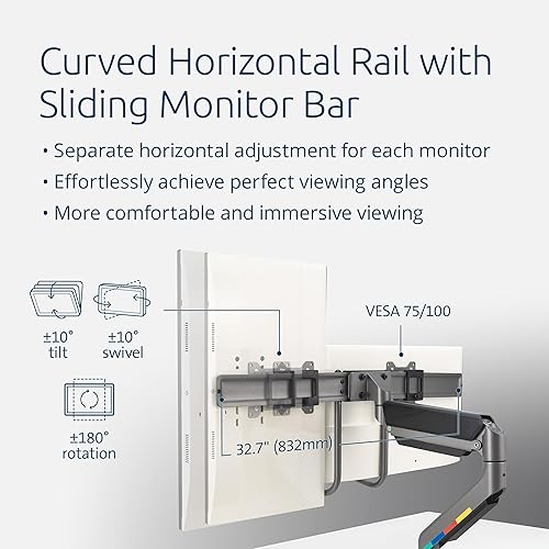 Kensington SmartFit K58272WW Dual Monitor Arm, Adjustable Gas Spring Monitor Arm, Ergonomic Computer PC Screen Stand, Handle for 19-32 Inch Monitors (9 kg Each), VESA 75/100 mm, 360° Rotation Black 2 Monitore mit Griff
