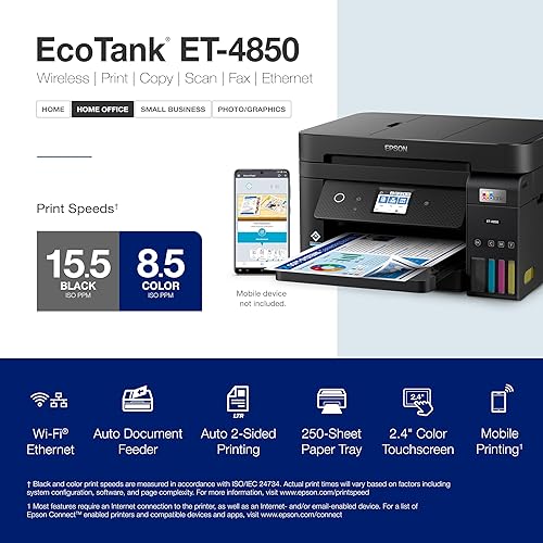 Epson EcoTank ET-4850 Wireless All-in-One Cartridge-Free Supertank Printer with Scanner, Copier, Fax, ADF and Ethernet – The Perfect Printer for Your Office - Black Black ET-4850