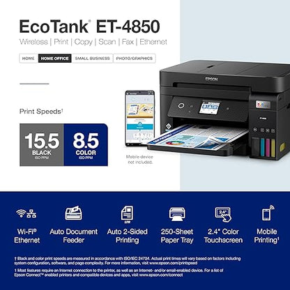 Epson EcoTank ET-4850 Wireless All-in-One Cartridge-Free Supertank Printer with Scanner, Copier, Fax, ADF and Ethernet – The Perfect Printer for Your Office - Black Black ET-4850