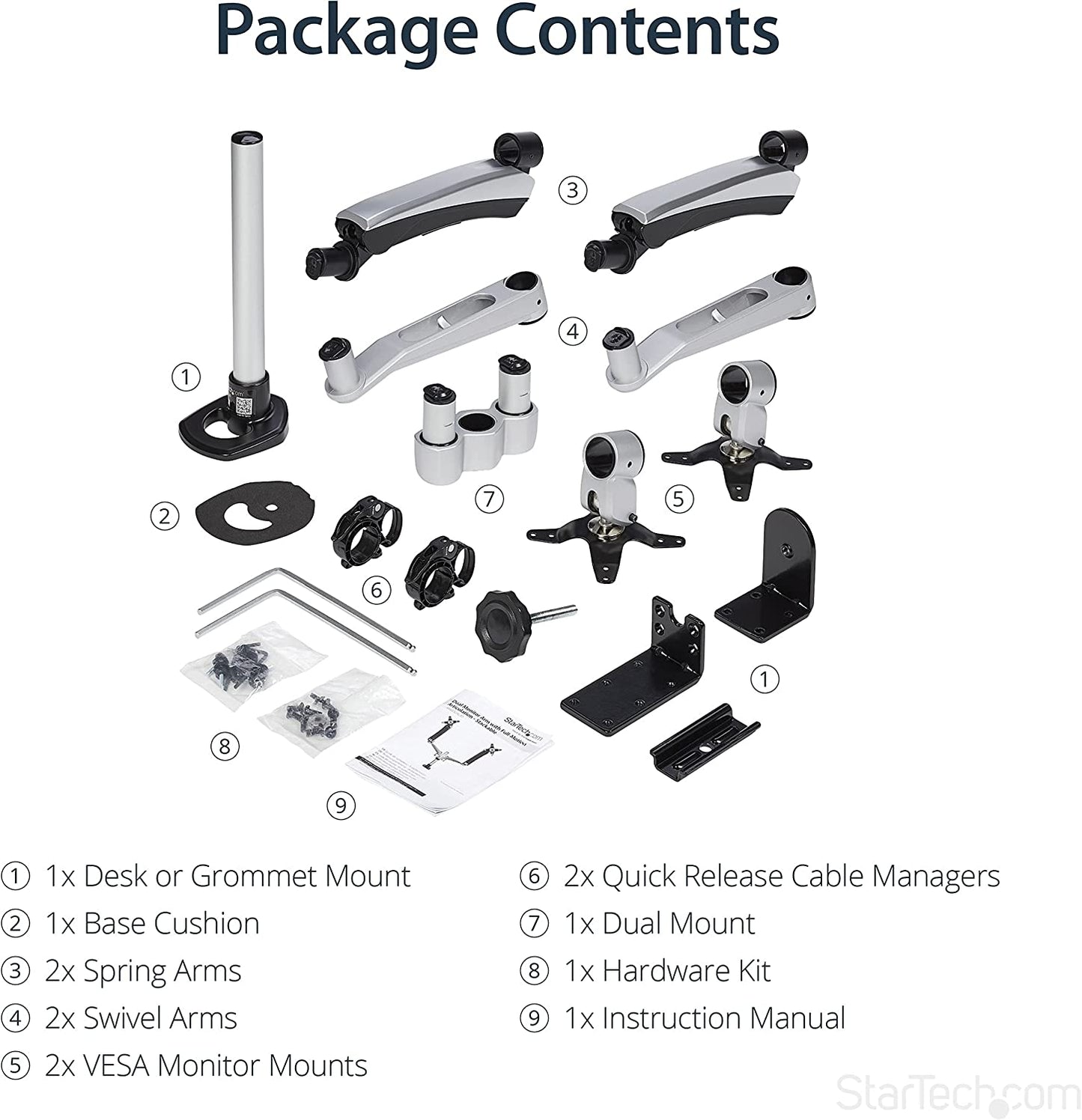 StarTech.com Desk Mount Dual Monitor Arm - Articulating - Supports VESA Monitors 12'' to 30'' - Adjustable - Grommet/Desk Mount - Premium - Silver (ARMDUAL30)
