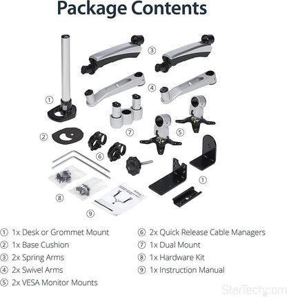 StarTech.com Desk Mount Dual Monitor Arm - Articulating - Supports VESA Monitors 12'' to 30'' - Adjustable - Grommet/Desk Mount - Premium - Silver (ARMDUAL30)