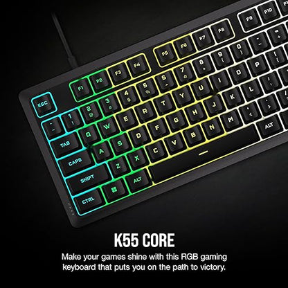 CORSAIR K55 CORE RGB Membrane Wired Gaming Keyboard – Quiet, Responsive Switches – Spill Resistance – Ten-Zone RGB – Media Keys – iCUE Compatible – QWERTY NA – PC, Mac – Black