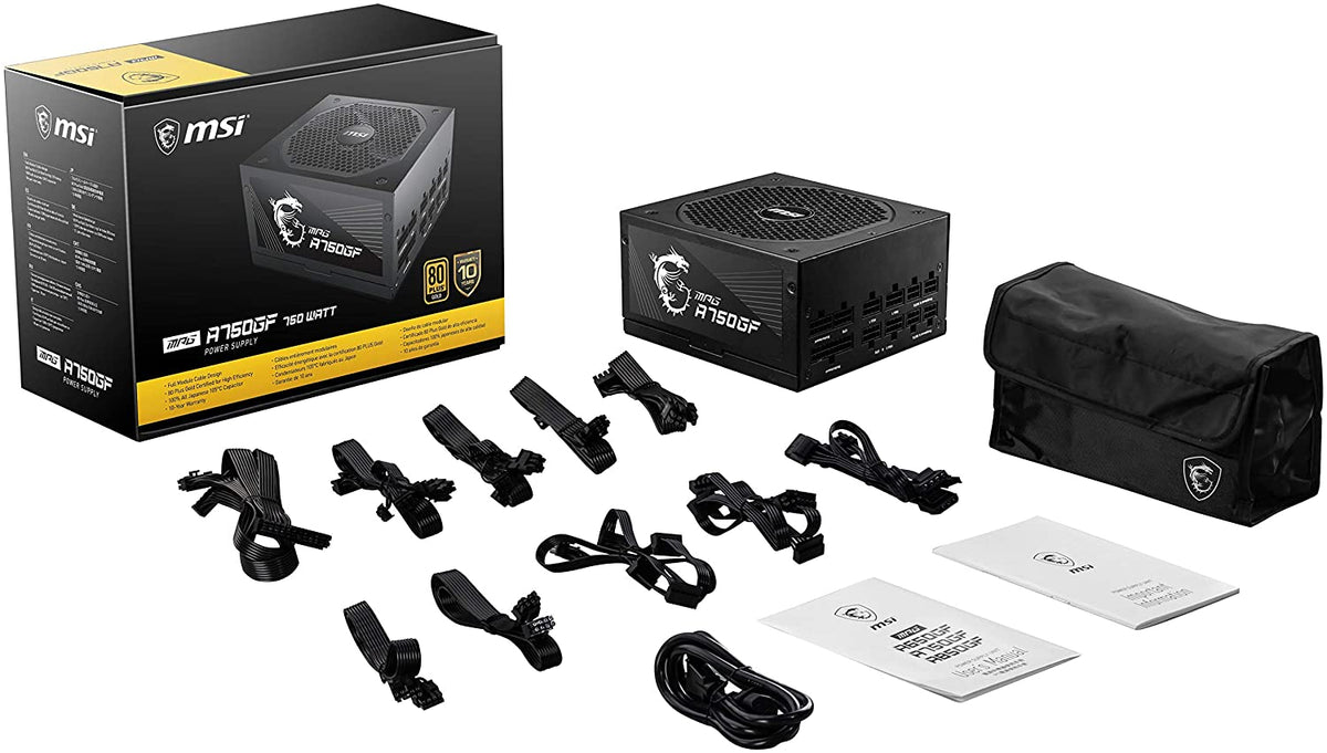 MSI MPG Series A750GF Power Supply (PSU): 750 Watt, Full Modular, 80 PLUS Gold Certified, 10 Year Warranty 750 W 750 W