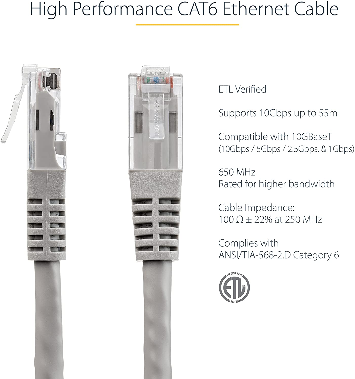 StarTech.com 50ft CAT6 Ethernet Cable - Gray CAT 6 Gigabit Ethernet Wire -650MHz 100W PoE++ RJ45 UTP Molded Category 6 Network/Patch Cord w/Strain Relief/Fluke Tested UL/TIA Certified (C6PATCH50GR) Grey Gray 50 ft / 15 m 1 Pack