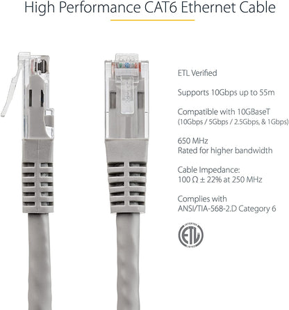 StarTech.com 50ft CAT6 Ethernet Cable - Gray CAT 6 Gigabit Ethernet Wire -650MHz 100W PoE++ RJ45 UTP Molded Category 6 Network/Patch Cord w/Strain Relief/Fluke Tested UL/TIA Certified (C6PATCH50GR) Grey Gray 50 ft / 15 m 1 Pack