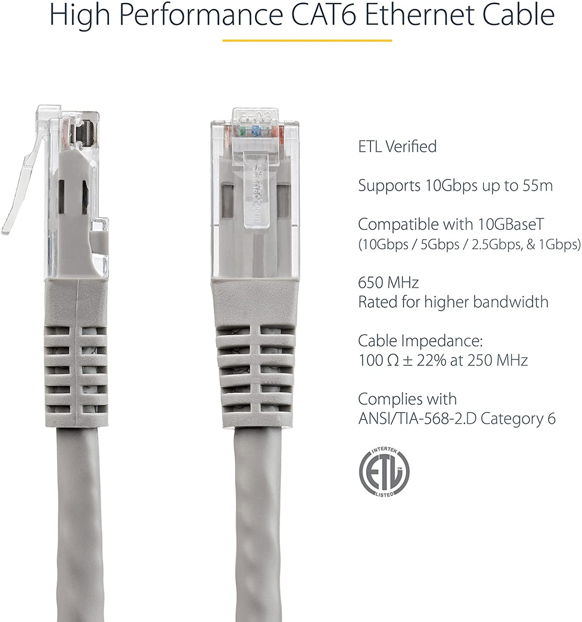 StarTech.com 35ft CAT6 Ethernet Cable - Gray CAT 6 Gigabit Ethernet Wire -650MHz 100W PoE++ RJ45 UTP Molded Category 6 Network/Patch Cord Fluke Tested UL/TIA Certified (C6PATCH35GR) Grey Gray 35 ft / 10.6 m 1 Pack