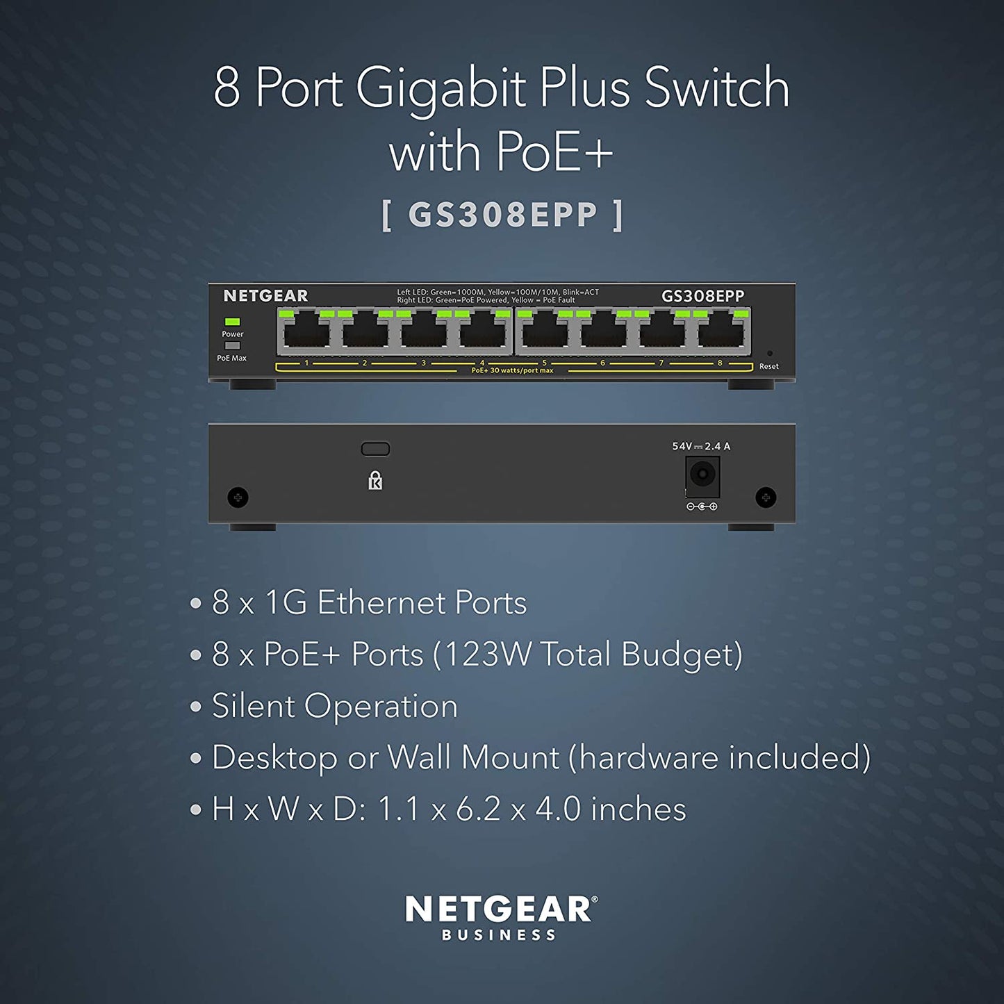 NETGEAR 8 Port PoE Gigabit Ethernet Plus Switch (GS308EPP) - with 8 x PoE+ @ 123W, Desktop or Wall Mount Plus 8 Port | 8xPoE+ 123W