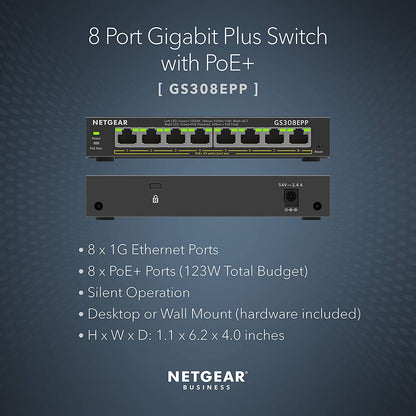 NETGEAR 8 Port PoE Gigabit Ethernet Plus Switch (GS308EPP) - with 8 x PoE+ @ 123W, Desktop or Wall Mount Plus 8 Port | 8xPoE+ 123W