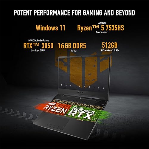 ASUS TUF Gaming A15 Gaming Laptop, 15.6” FHD 16:9 144Hz Display, AMD Ryzen™ 5 7535HS Processor, NVIDIA® GeForce RTX™ 3050, 16GB DDR5, 512GB PCIe® Gen 4.0 SSD, Wi-Fi 6, Windows 11 Home, FA506NC-DS53 RTX3050