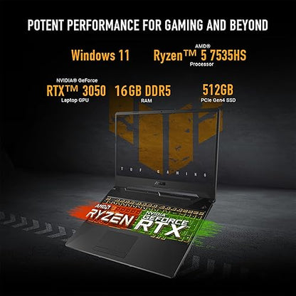 ASUS TUF Gaming A15 Gaming Laptop, 15.6” FHD 16:9 144Hz Display, AMD Ryzen™ 5 7535HS Processor, NVIDIA® GeForce RTX™ 3050, 16GB DDR5, 512GB PCIe® Gen 4.0 SSD, Wi-Fi 6, Windows 11 Home, FA506NC-DS53 RTX3050