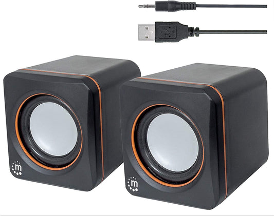 Manhattan USB Powered Stereo Speaker System - Small Size - with Volume Control &amp; 3.5 mm Aux Audio Plug to Connect to Laptop, Notebook, Desktop, Computer - 3 Yr Mfg Warranty - Black Orange, 161435