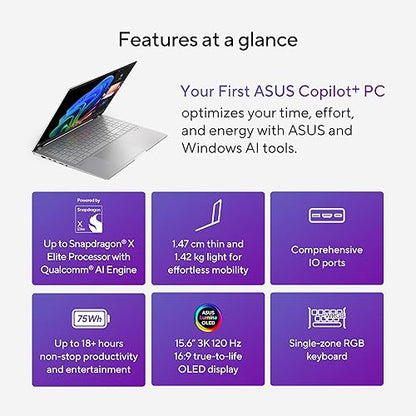 ASUS Vivobook S 15; Copilot+ PC, 15.6" Thin and Light Laptop, 3K 120Hz OLED, Snapdragon® X Plus Processor, 16GB Memory, 1 TB SSD, Copilot Key, Wi-Fi 7, Cool Silver, S5507QA-DB71-CB