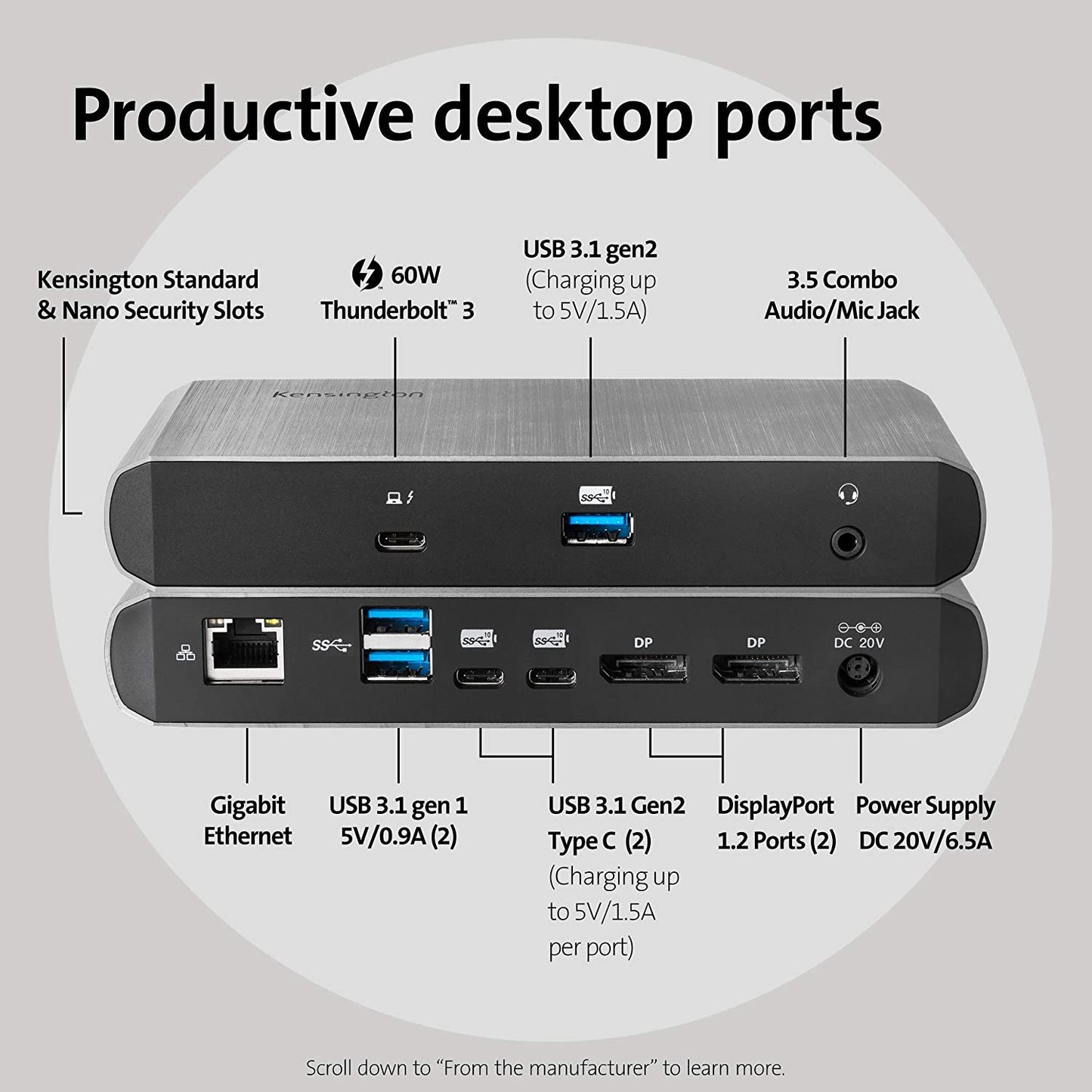 Kensington SD5550T Thunderbolt™ 3 and USB-C Dual 4K Hybrid Docking Station - 60W PD - Windows and Mac (K38131NA)
